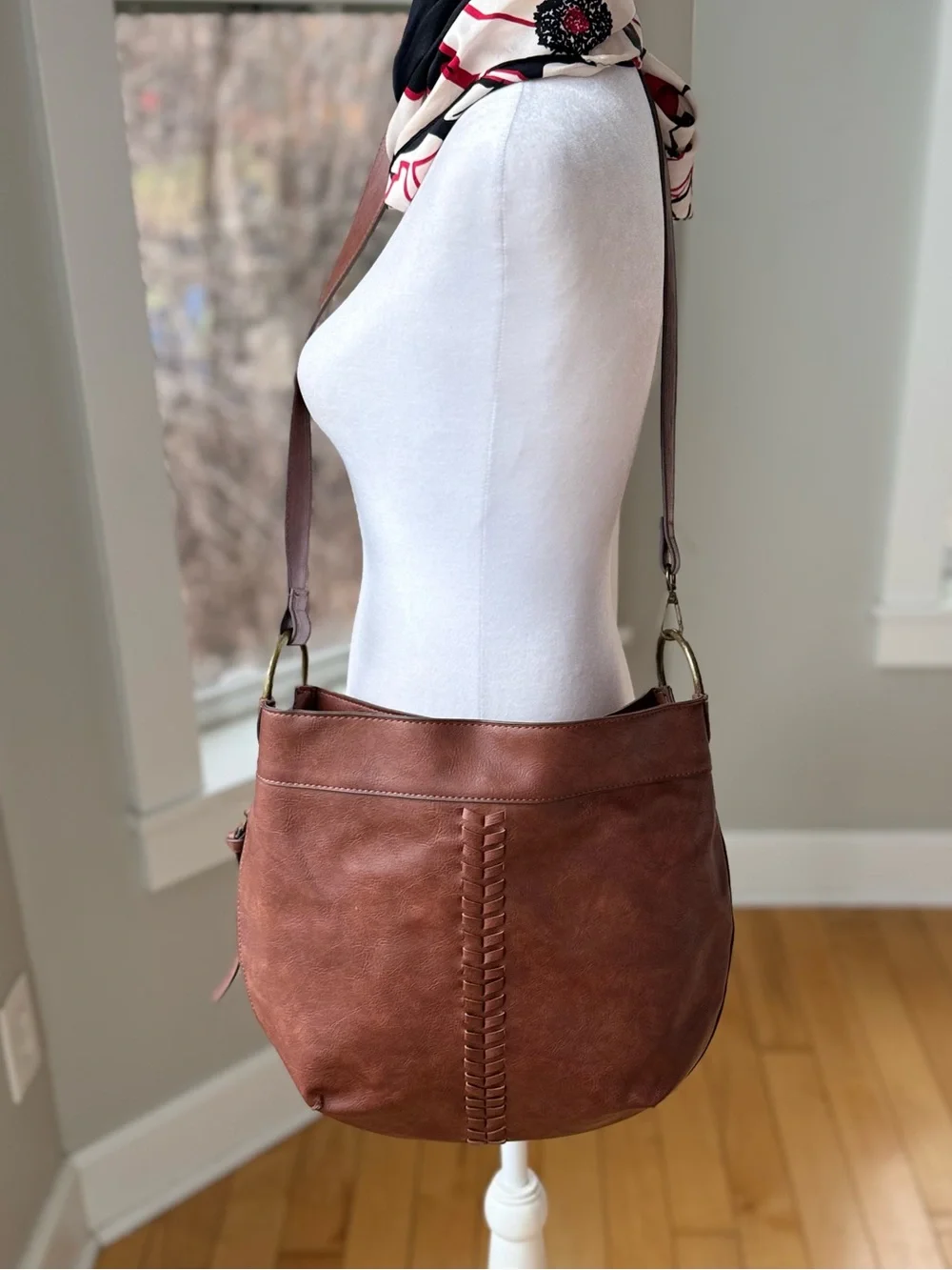 Vintage Cognac Brown Braided Vegan Leather Brass Rings Satchel Hobo Bag Purse